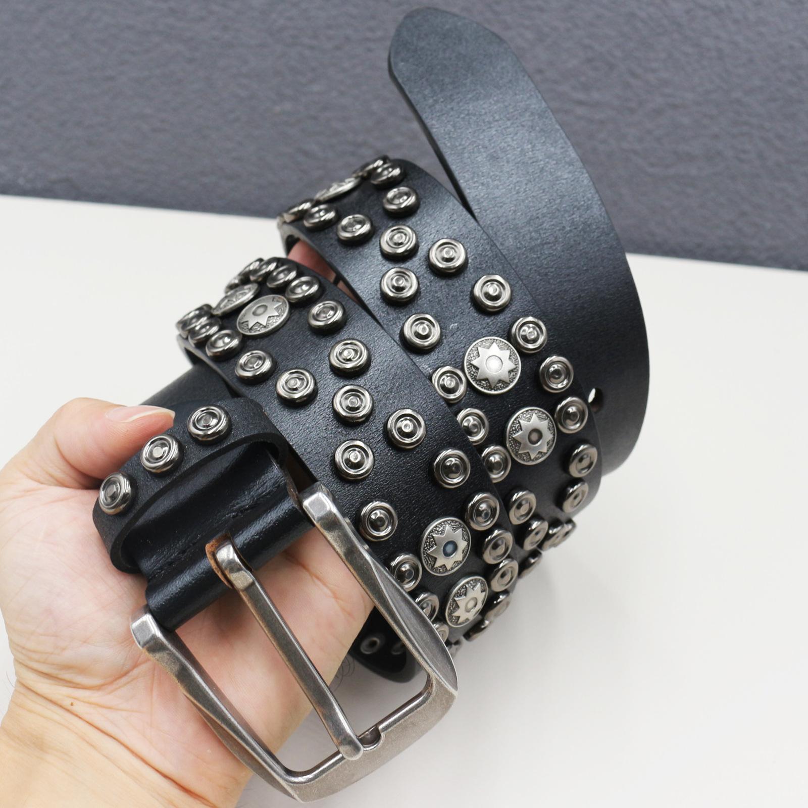 

Belt Western Rivet Belt Genuine Leather Star Hollow Gothic Heavy Industry American Belt 125cm