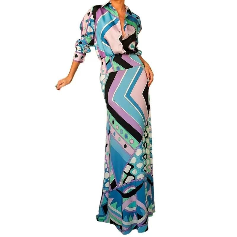 Western Style Fashion Print Shirts Sheath Skirt Sets Printed Shirt and Skirt Set