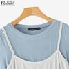 ZANZEA Women Casual Fake Two Piece Patchwork Summer Short Sleeve T-Shirts