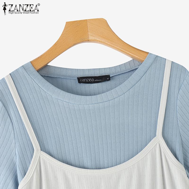 ZANZEA Women Casual Fake Two Piece Patchwork Summer Short Sleeve T-Shirts
