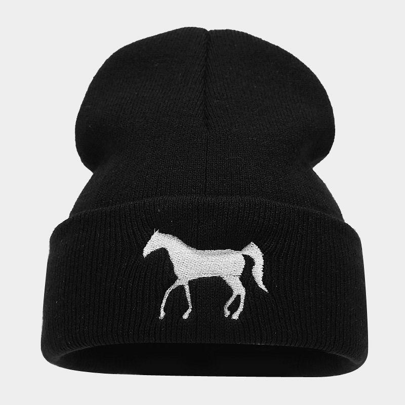 Autumn and winter new innovative horse embroidery warm cold hat men and women outdoor shopping leisure sunshade knitted hat tide