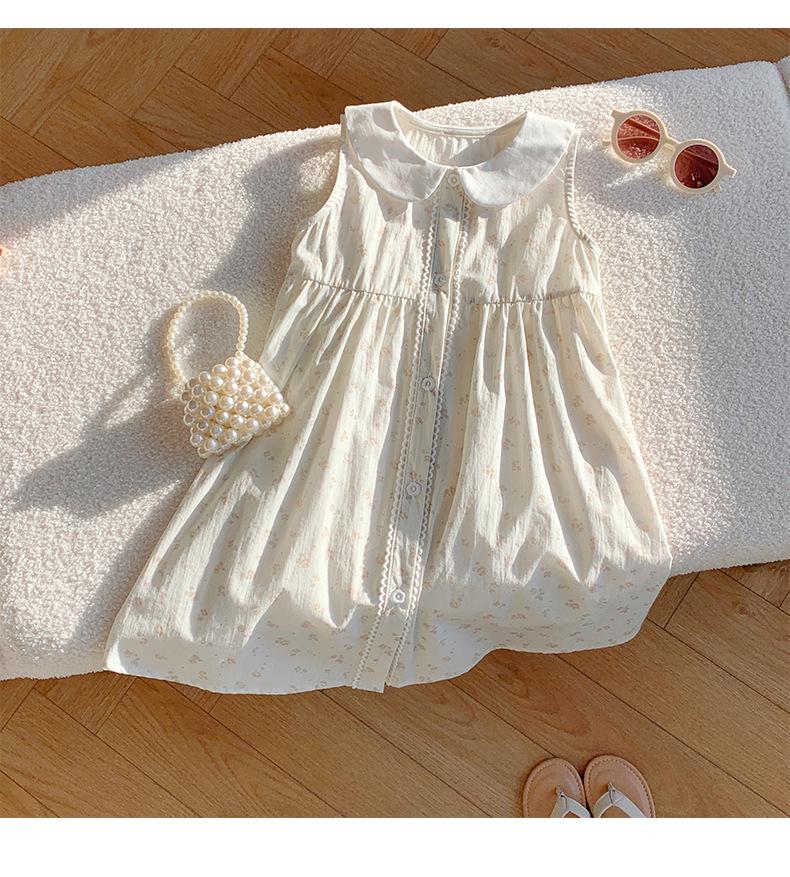 Korean Style Girls' Floral Dress - Summer 2026 Cotton Lace Sleeveless with Doll Collar