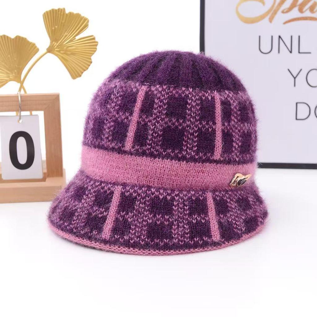 Mom's Winter Fleece-Lined Knitted Basin Hat for Elderly Women