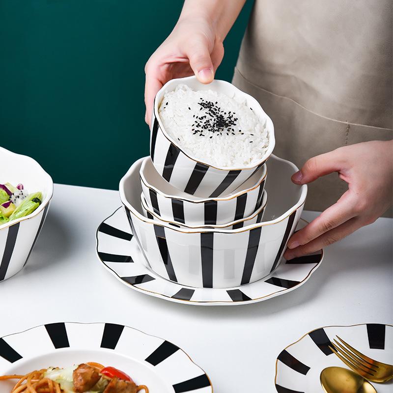Set creativ de veselă ceramică pătată alb-negru Farfurie de cină din porțelan Bol pentru supă Bol pentru salată Farfurie pentru pește Ustensile de bucătărie