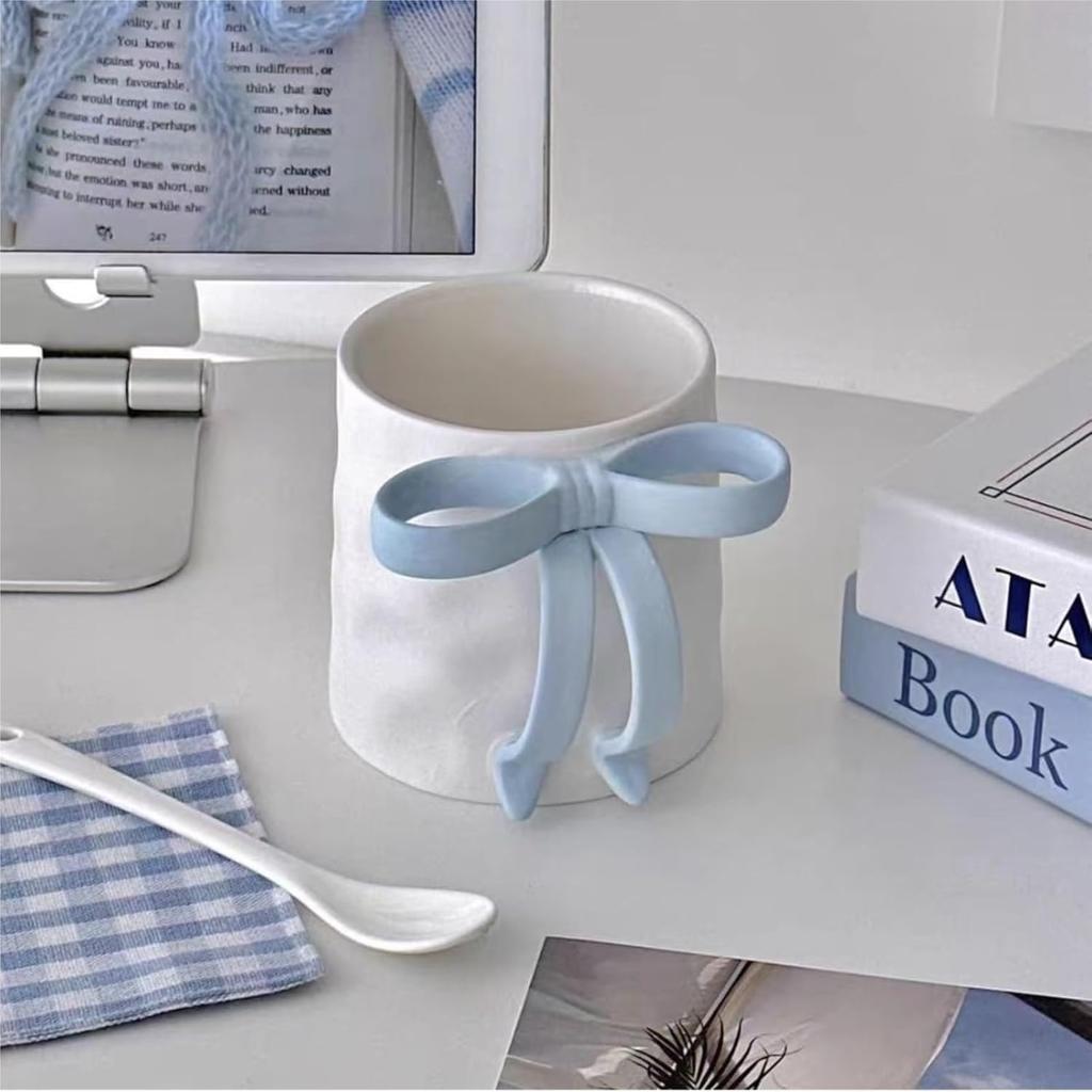 300ml Large Coffee Mug with Handle Tea Cup Novelty Versatile Durable Coffee Tea Mug with Bow Design,Thoughtful Gift(Blue)