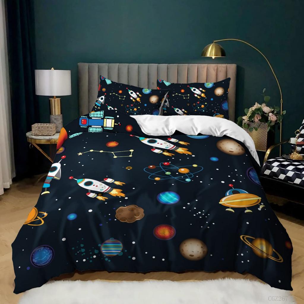 For Kids Boys Girls Bedroom Decor - Rocket Astronaut Space Theme Duvet Cover Set King Queen Full Size Polyester Comforter Cover