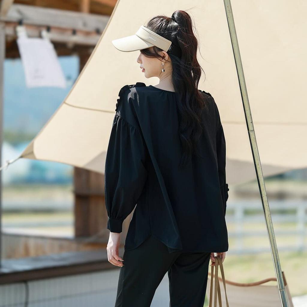 Teddy Long Sleeve Rash Guard with Slit Women's Leggings, Amphibious, Hoodless, Thin, rashguard027-B (M, B Black)