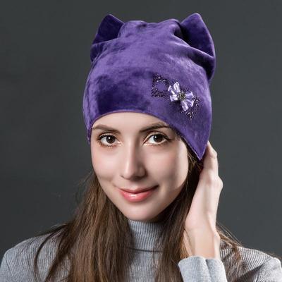 Damen-Winter-Pullover aus goldenem Samt, Katzenohr, warm, niedlich, Blumen-Diamant, doppellagige Strickmütze