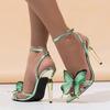 Fashion Liyke 2025 Neue Mode Chic Metall Seltsame Hohe Absätze Sandalen Damen Grün Schmetterling Spitz Offene Zehe Party Abschlussball Schuhe Größe 35-43