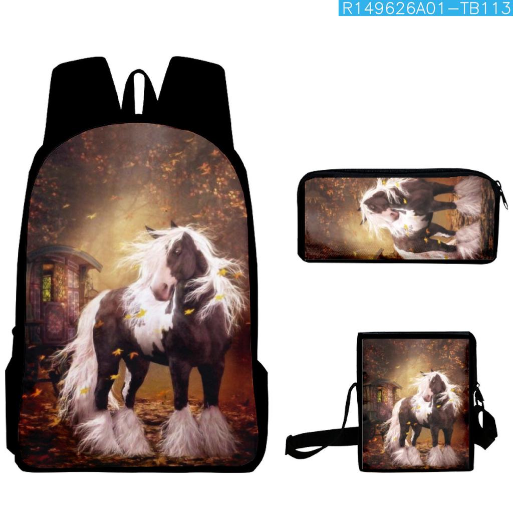 Grasland Pferdemuster dreiteiliges Rucksack-Federmäppchen-Umhängetaschen-Set lässig 3D-bedrucktes Rucksack-Set