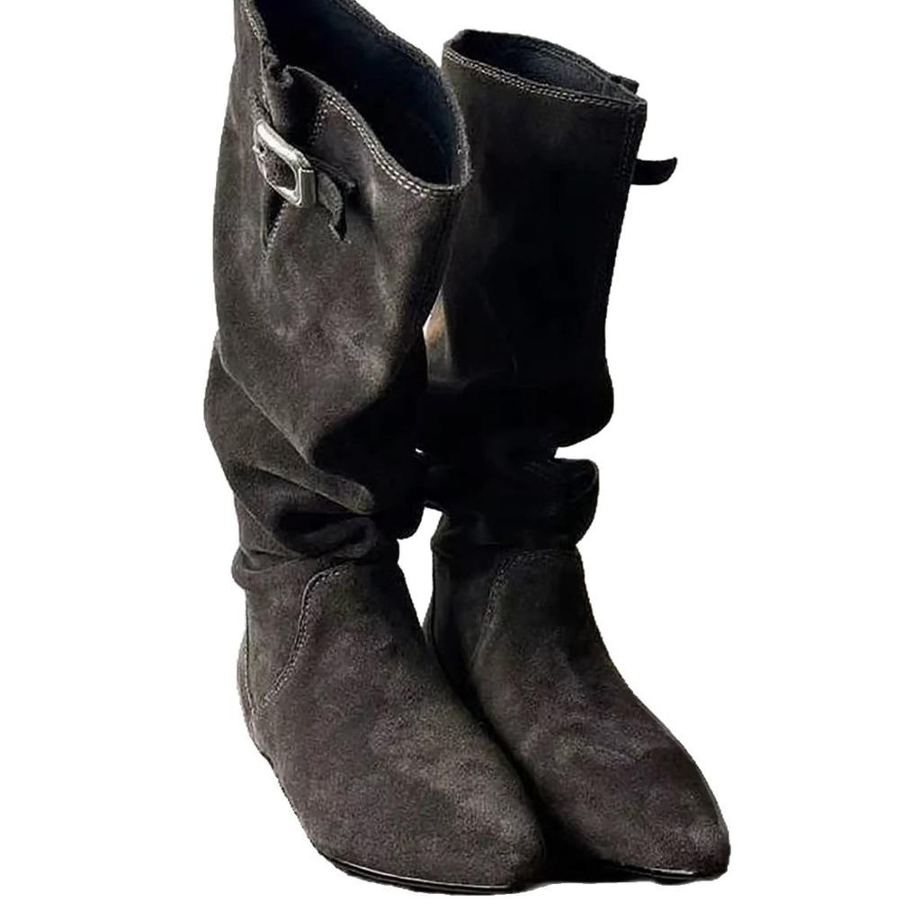 Schaffell-Version~ Stiefel mit Umschlag, Schnalle, Röhrenstiefel, spitz, niedriger Absatz, Retro-Western-Cowboystiefel, Damen-Reitstiefel