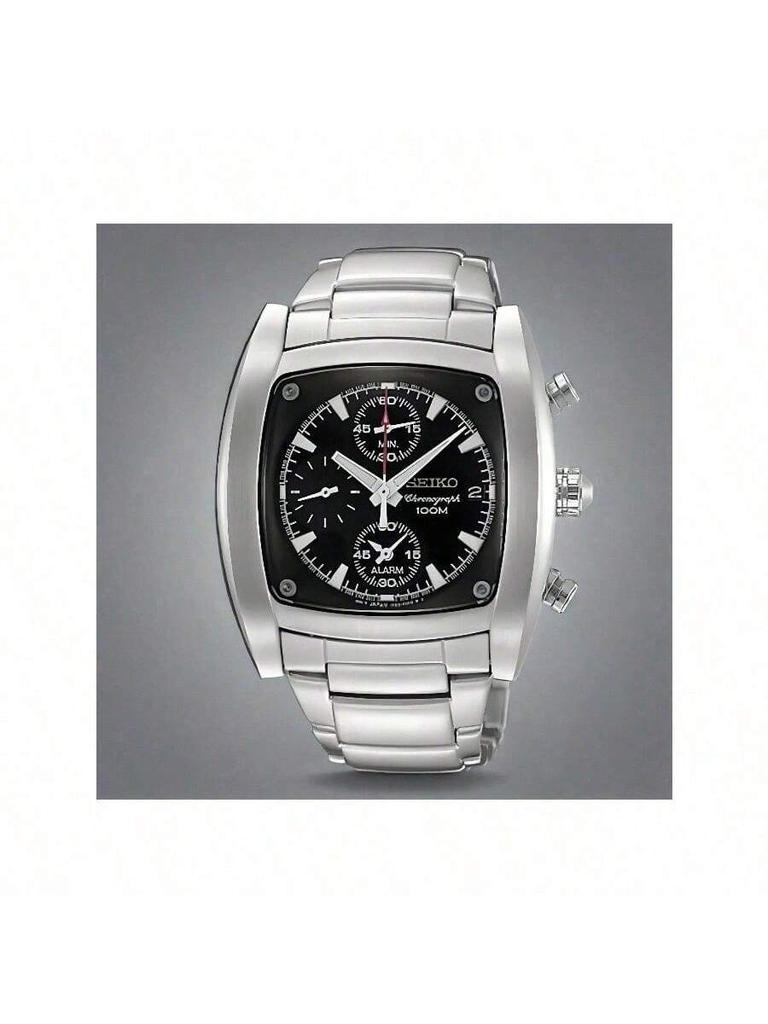 CHRONOGRAPH Herren Quarz Chronograph Uhr - Schwarzes Quadratisches Zifferblatt, Schwarz/Weiß Ionenplattiertes Armband, Datumsanzeige SNAA97J1