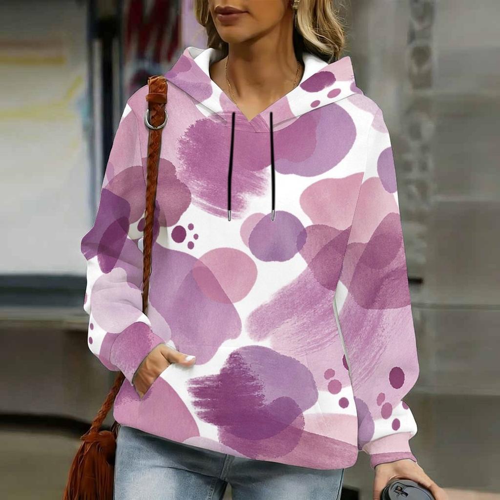 Women Plus Size Abstract Printed Long Sleeve Drawstring Hood Kangaroo Pocket Pullover Hoodie
