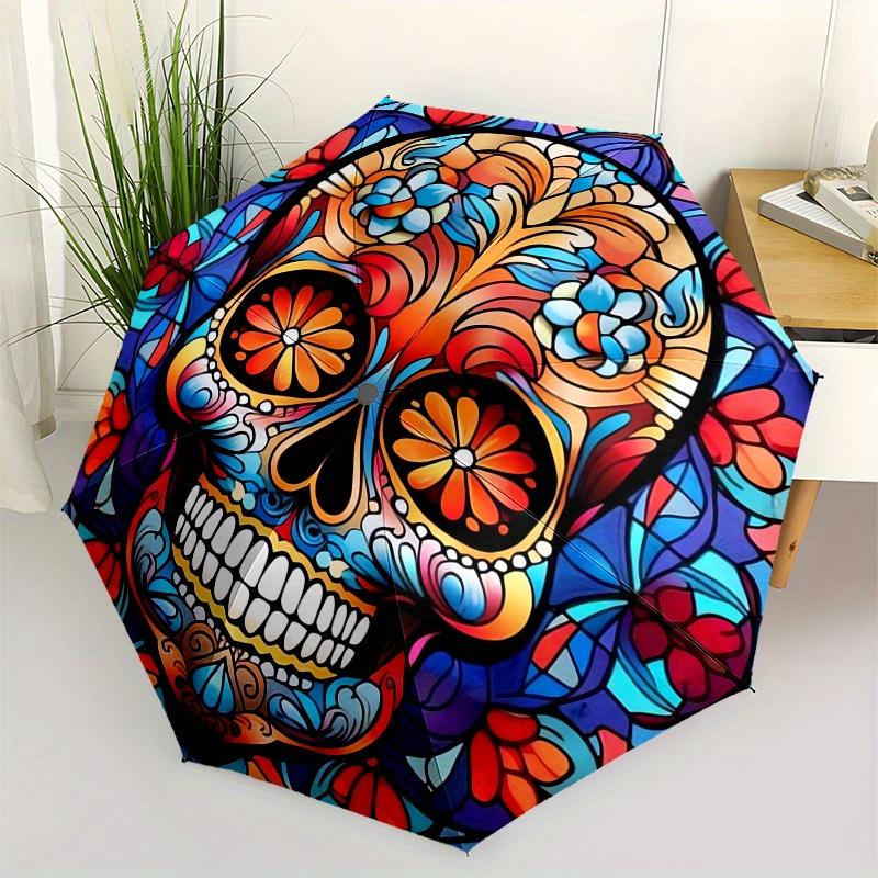 

Sugar Skull, Stained Glass Automatic Folding Umbrella 8 Ribs, Durable Iron Frame, Bright Color Pattern Compact Travel Umbrella, Suitable fo