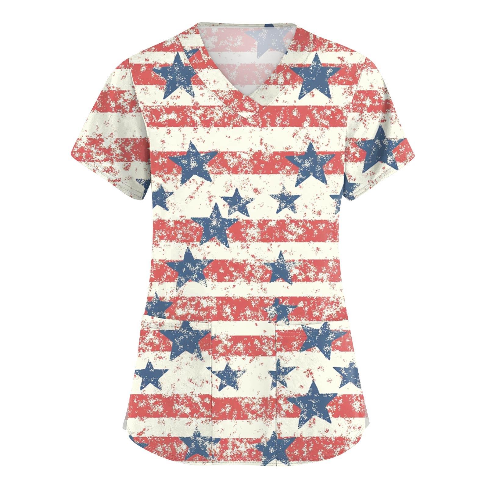 

Women s Short Sleeve Independence Day Printed V-Neck Pocket Workwear Top XXXXXL
