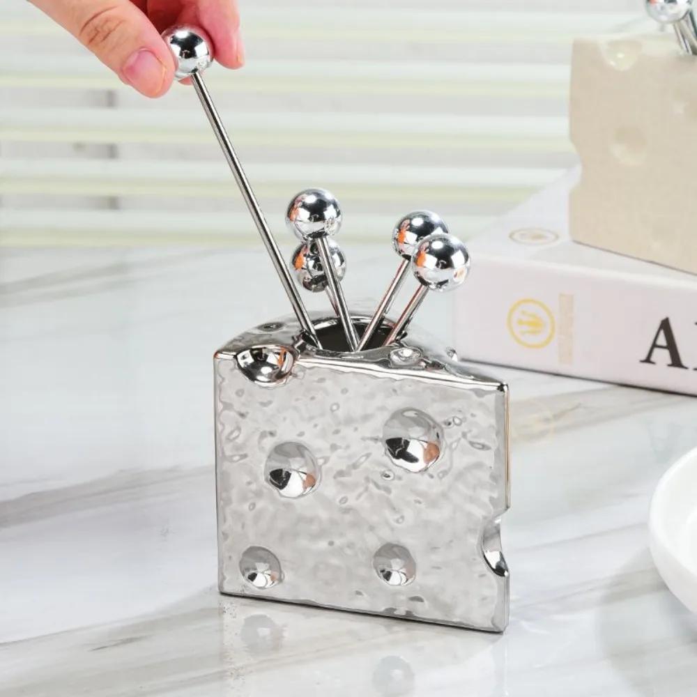 

Ceramic Cheese Fruit Fork Cute Salad Fork Storage Jar Stainless Steel High-end Fruit 4pcs Forks Set Tableware for Home Hotel