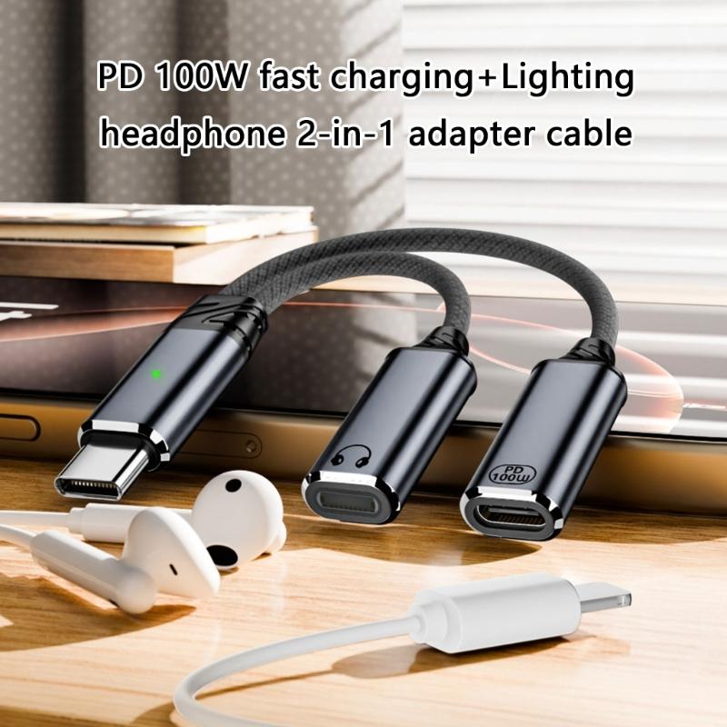 2 IN 1 Type C Splitter to Type C USB C Headphone Sound Adapter Charging Cable Replacement For Mobile Phone Tablet