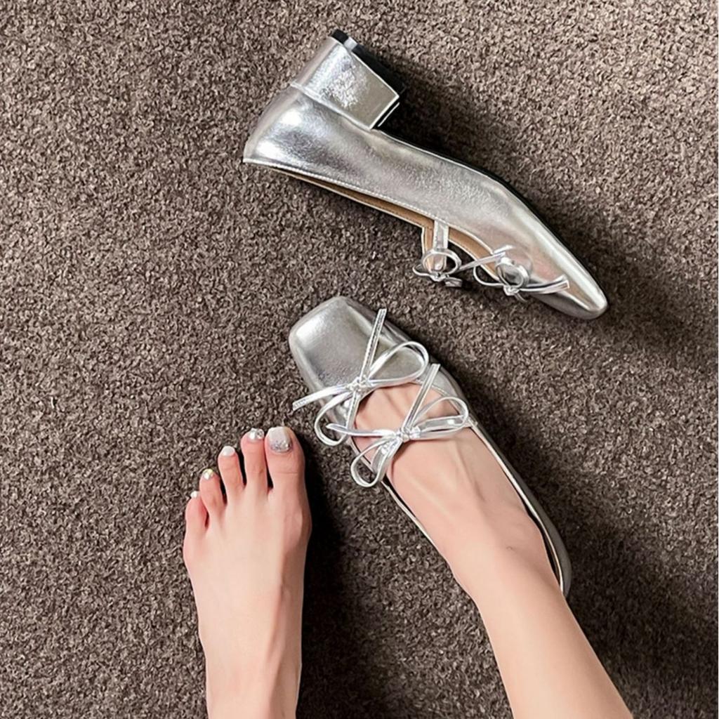 2025 autumn ballet shoes square head bow light mouth thick heel outer wear silver versatile temperament Mary Jane single shoes