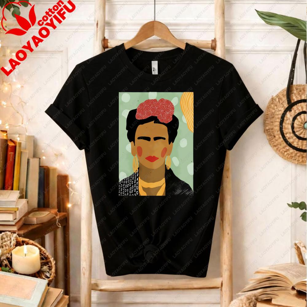 Frida Kahlo Inspired TShirt Minimalist Cotton Tee for Art Lovers Bold Creative Portrait Design Fashion Printed Tshirt Tops