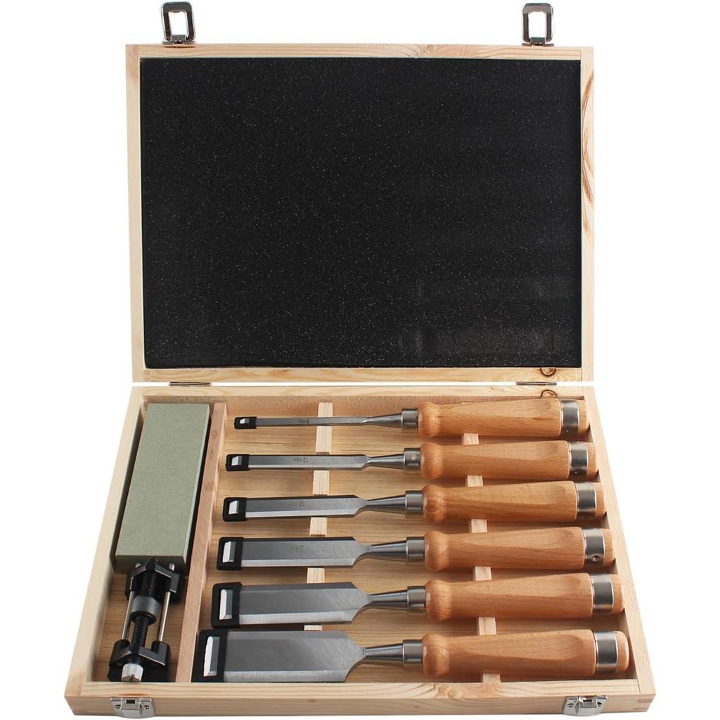 8 Pieces Wood Chisel Tool Sets, 11.4in Woodworking Carving Chisel Kit with Honing Guide, Sharpening Stone and Wooden Case