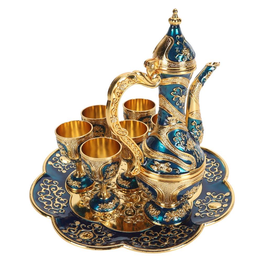 8pcs With Tea Tray Turkish Tea Set Gold Blue Tea Pot Cup Set Tea Sets Tea Glass Set  For Party