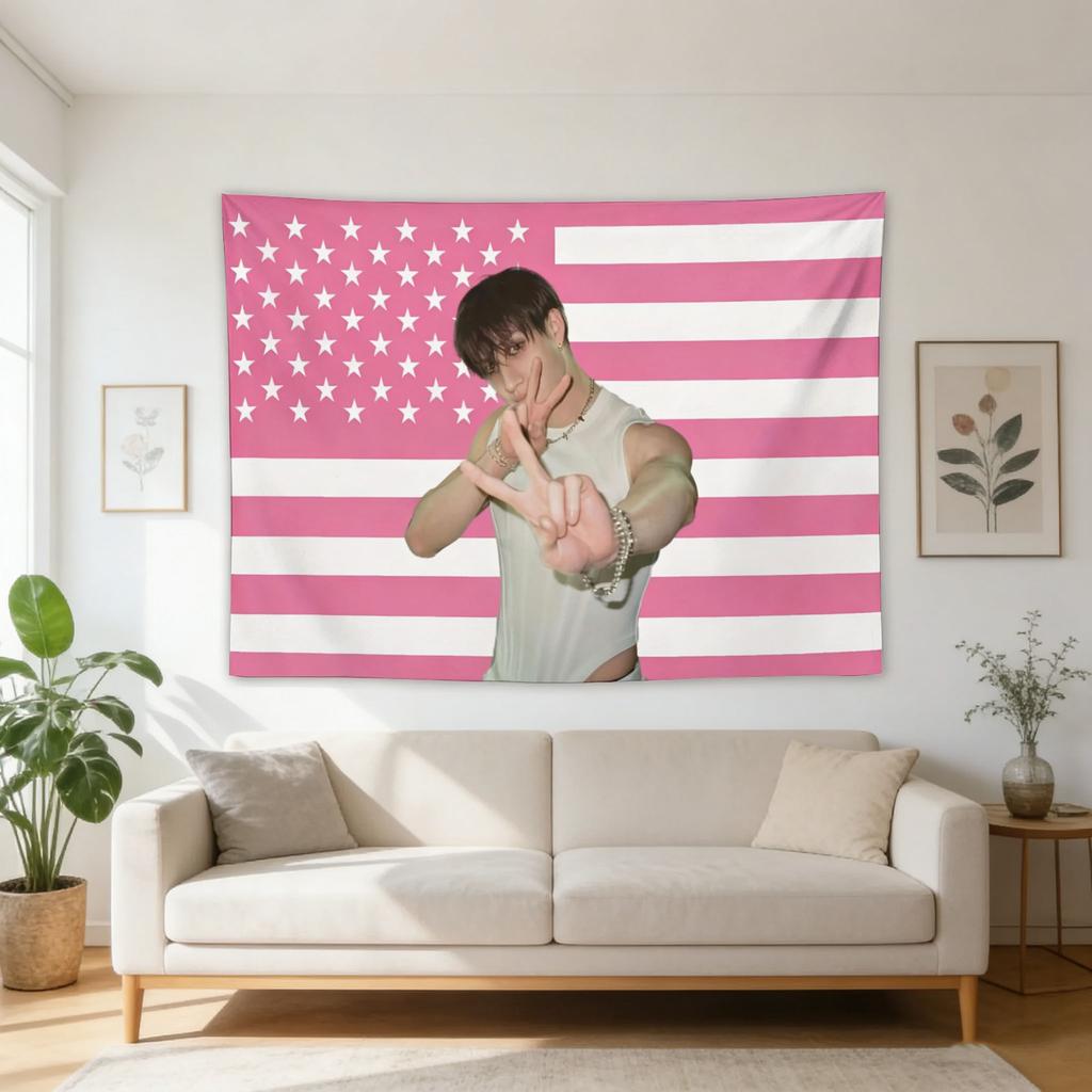 Pink White US Flag Tapestry Kpop Bang Chan Theme Wall Art Aesthetic Dorm Bedroom Living Room Decor Ideal Gift