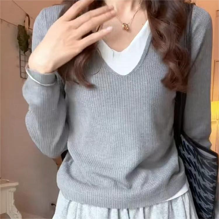 

Топ с V-образным вырезом, имитация двойки, женский, с чувством дизайна, облегающий, с длинным рукавом, для девушки, чистый, с контрастным цветом, вязаный свитер с V-образным вырезом, стройнящий, для леди 2043-254 (average size) серый