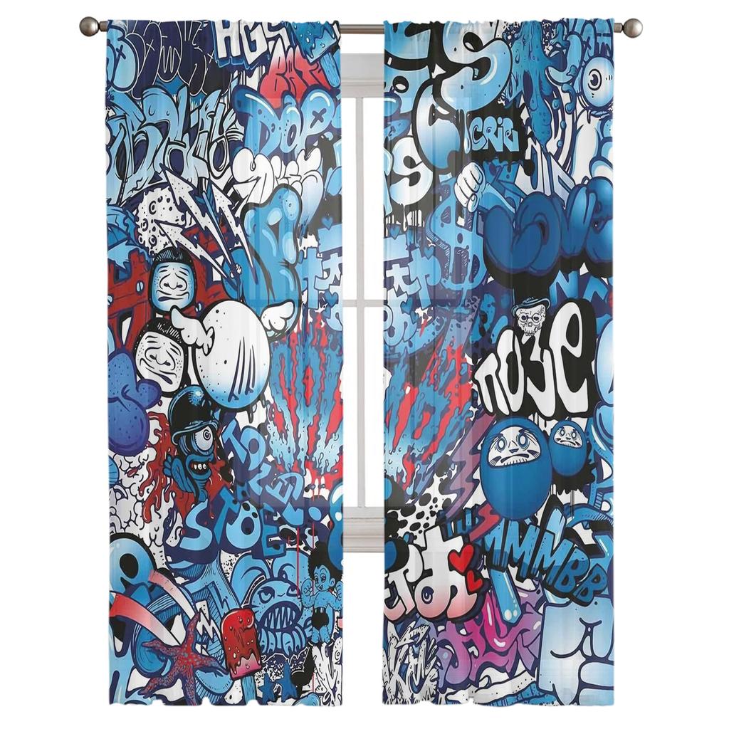 Blue Explosion Punk Graffiti Tulle Curtains For Living Room Bedroom Transparent Tulle Curtains Window Drapes Sheer Voile Curtain