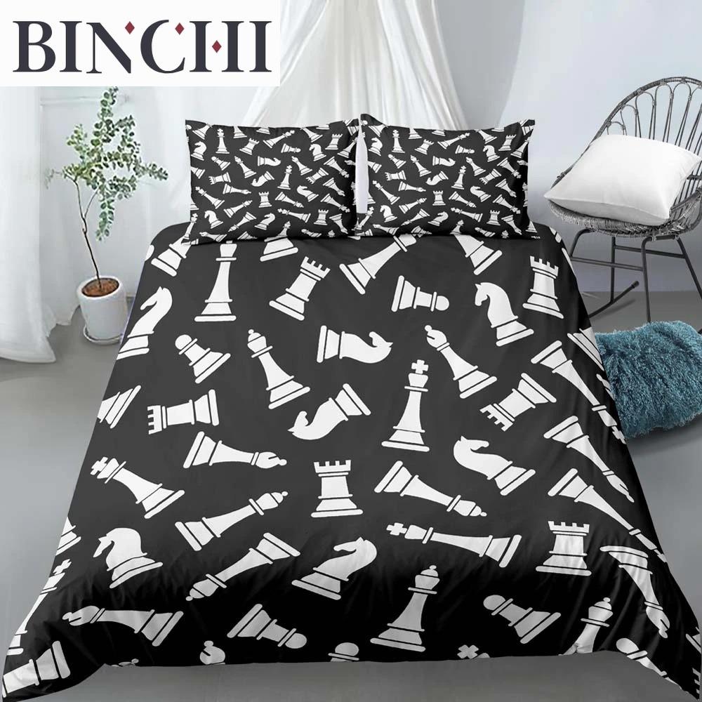 International Chess King Queen Duvet Cover Chess Board Bedding Set Black White Grid Quilt Cover Plaid Polyester