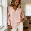 Women Tops V Neck Long Sleeve Loose Fit Pullover Tops Solid Color Casual Blouse Work Party Date Wear
