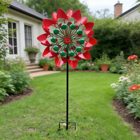 Rustproof Metal Garden Ornaments Flower Wind Spinner, 29.5" Spinner with Stake, Outdoor Rust Modern Balcony Decor Resistant Windmill, Yard Art