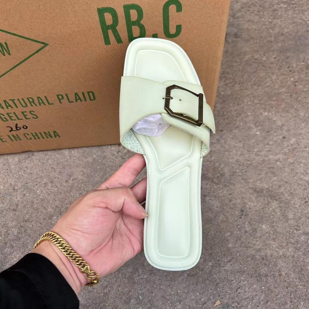 Fashion Buckle Decoration Women's Slippers 2024 Summer Flat Bottom Beach Casual Shoes Female Footwear Brand Design Soft Leather Slides