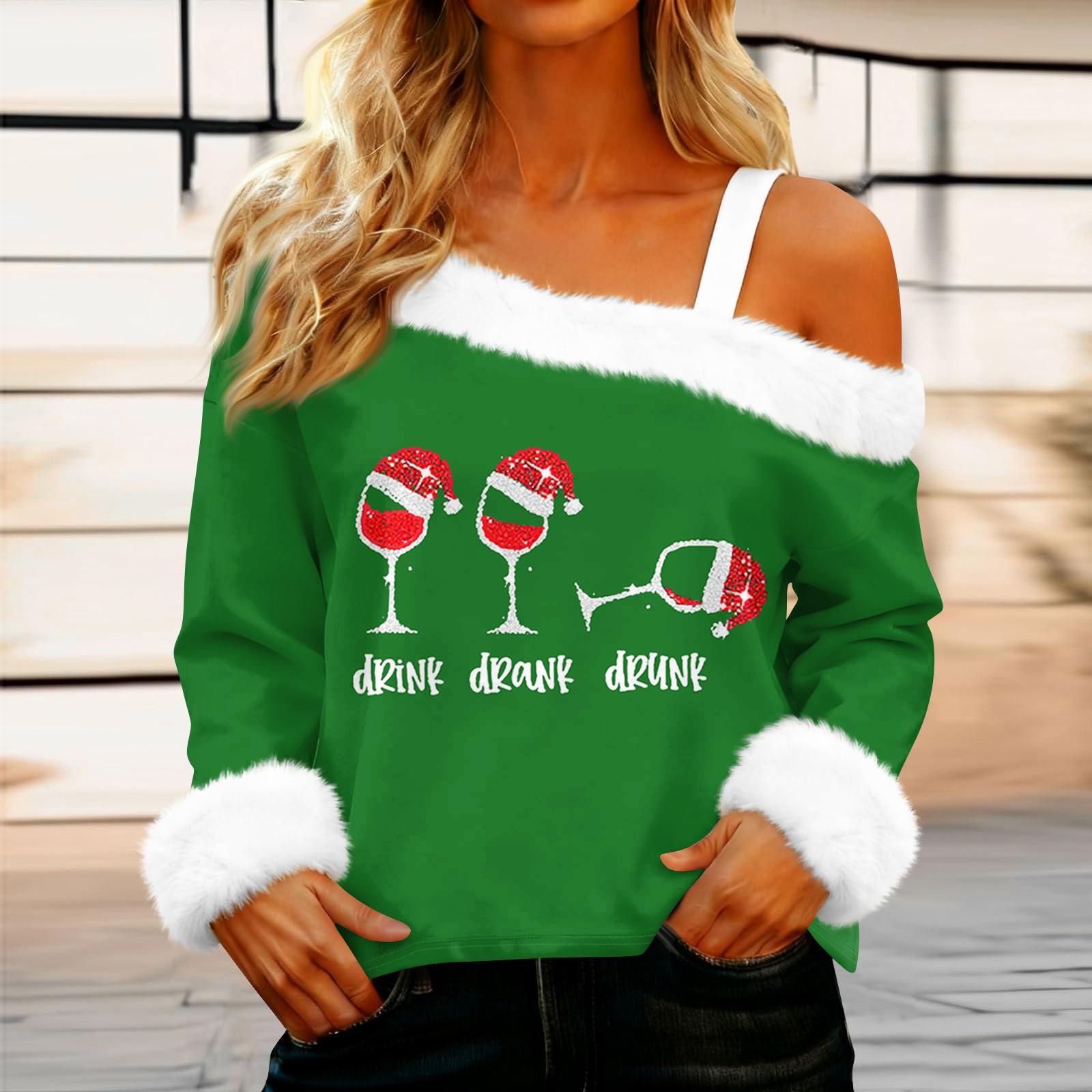 

Женская повседневная модная сексуальная футболка с открытыми плечами, рождественским узором, длинным рукавом и круглым вырезом XXL зелёный