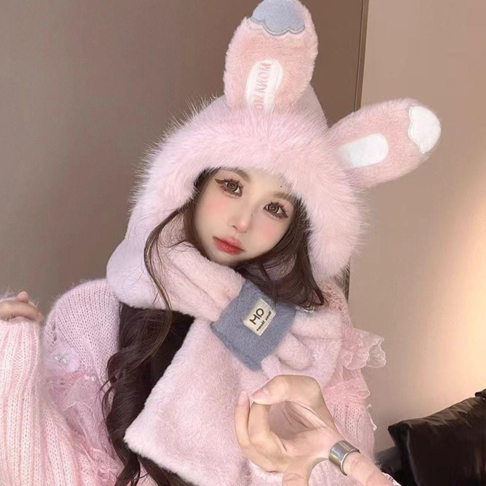 Ear Protection Rabbit Ear Hat Winter Bib Scarf Hat Leisure Plush Hat  Female/Girls