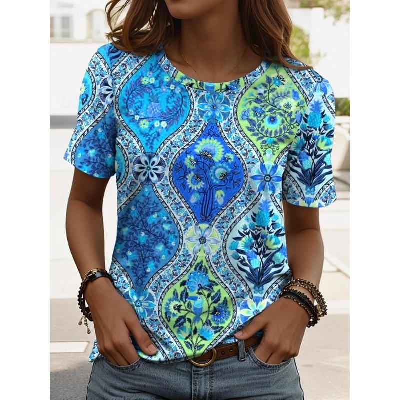 Women's T ShirtFloral Graphic Geometric Vintage Stylish Classic Short Sleeved Crew Neck Regular Tops Daily Weekend Prints Summer