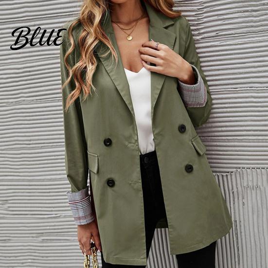 Suit Jacket Women Coat Lapel Long Sleeve Striped Cuffs with Double Breasted Business Outwear Flap Pockets Solid Color Loose Fit