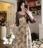 Retro Ink Floral Bow Suspender Skirt Women's Summer New French Gentle Wind Coffee Break Short-sleeved Dress