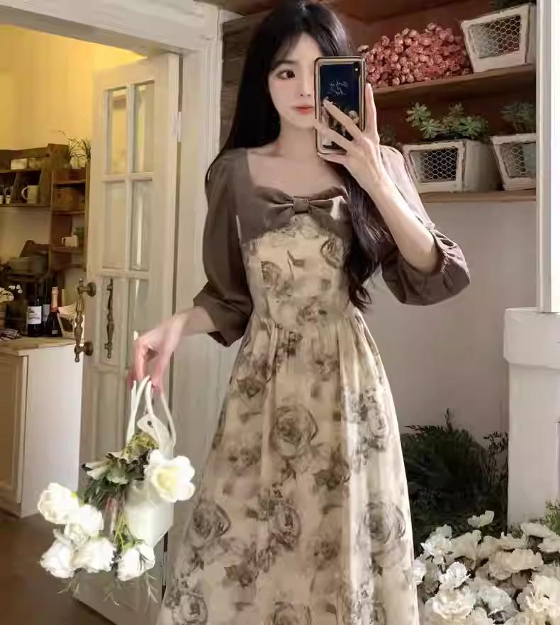 Retro Ink Floral Bow Suspender Skirt Women's Summer New French Gentle Wind Coffee Break Short-sleeved Dress