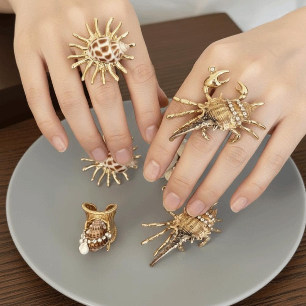 Adjustable Open Band Hermit Crab Statement Ring Conch Shell Wrap Ring  Music Festival Outfit