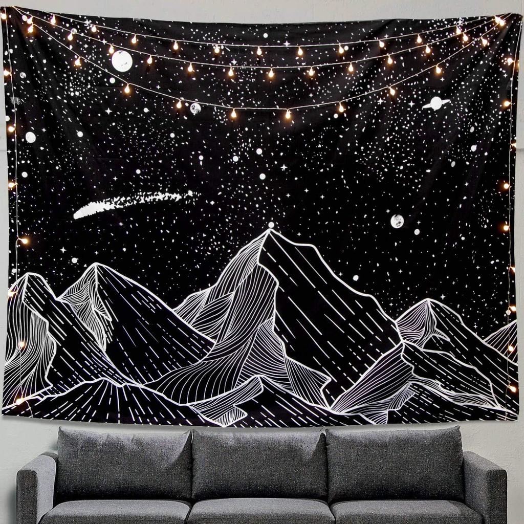VIKAMA Black And White Starry Night Mountain Tapestry Bedroom Aesthetic Moon Tapestry Dark Natural Forest Wall Hanging