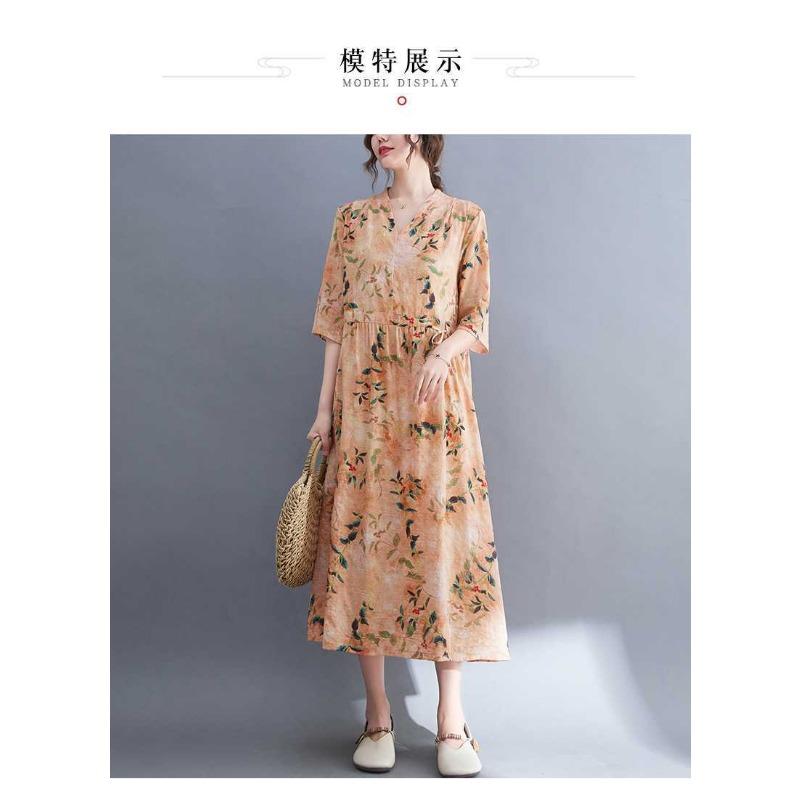 Plus Size V-ringad Långklänning Etniskt Tryckta Delade Ärmar Lös Midja Knytdetalj Klänningar