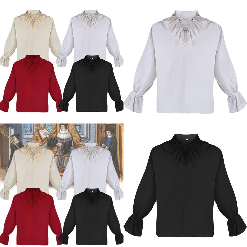 Medieval Bestselling Ruffled Puff Sleeve Shirt Vintage Men's Solid Color Cosplay Costume