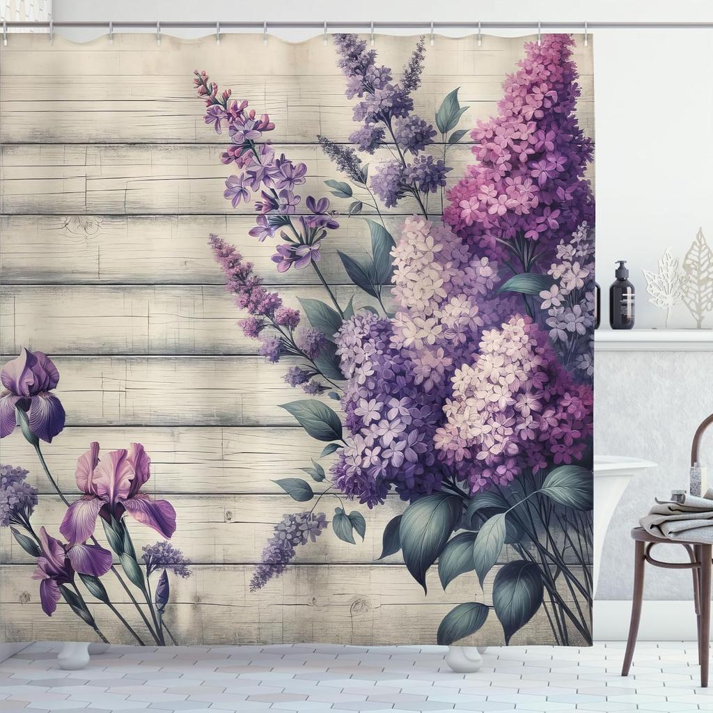 Lavender Shower Curtain, Nostalgia Rustic Farmhouse Back with Leafy Bouquet of Flowers Print, Cloth Fabric Bathroom De