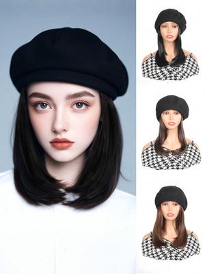 Synthetic Hat Wig Black Beret With Bob Hair Extensions For Women And Girls Hat And Wig In One Piece For Daily Use
