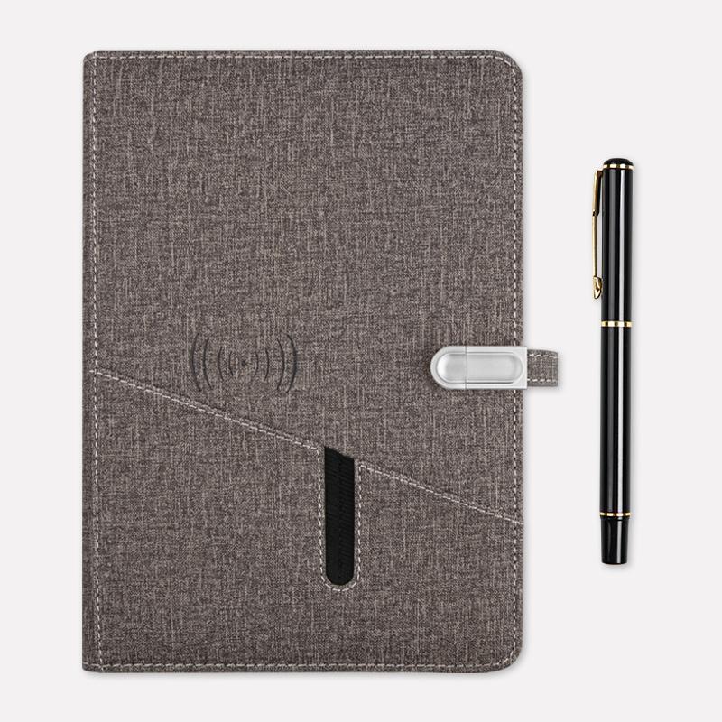 A5 Leather Notebook Wireless Charger 10000mAh Power Bank Business Smart Notebook Agenda (Gray,A5,16G,PB,Wireless,calculator&80 sheets) серый