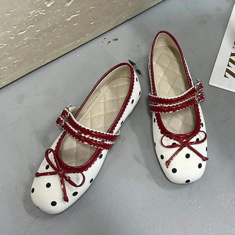 

Bow Dot Ballet Flats for Women Round Toe Double Strap Buckle Design Elegant Mary Jane Shoes Fashion Party Comfort Banquet Shoes 43 бежевий