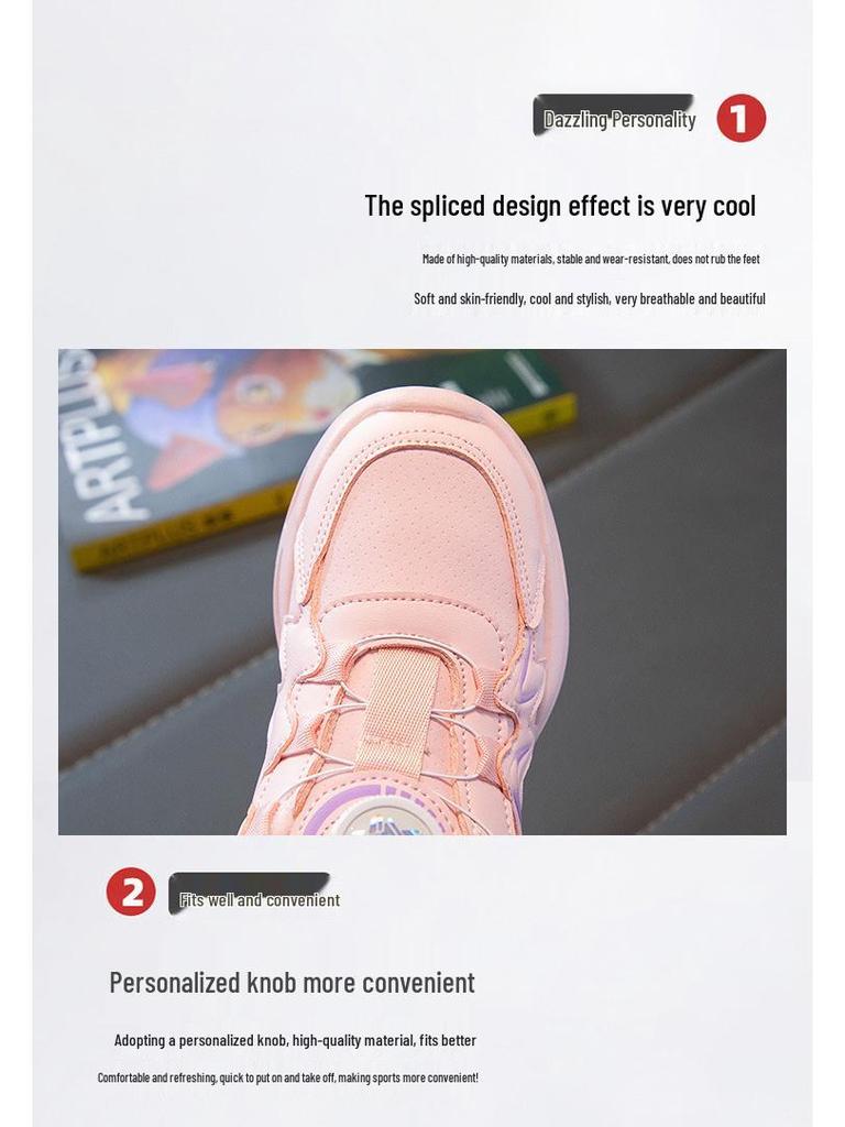 2024 Spring Girls' Spinning Button Sports Shoes - Trendy Dad Style, Soft Sole, White for Kids