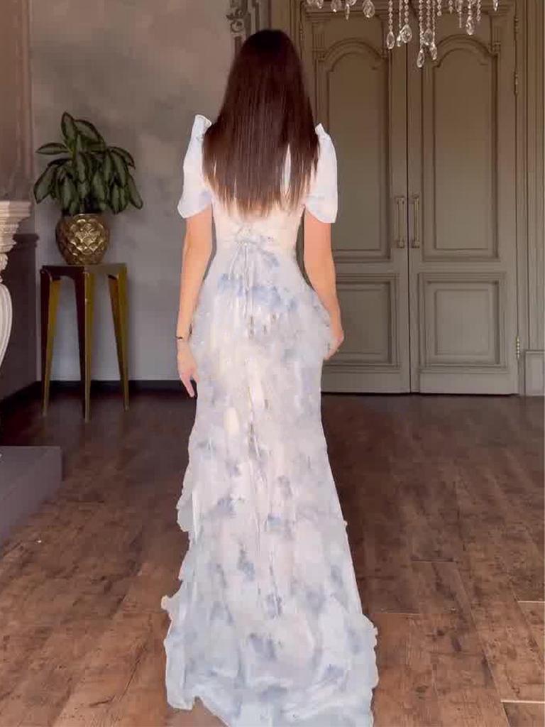 Women's 2025 Spring Retro Elegant Short Sleeve Waist-Cinching Long Dress