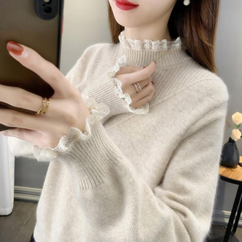 New Pullover Women's Top Lace Splicing Semi-turtleneck Sweater Femininity Knitted Bottoming Shirt