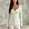 Women's Solid Square Neck Waist-Cinched Long-Sleeve Top - Pure Desire Style